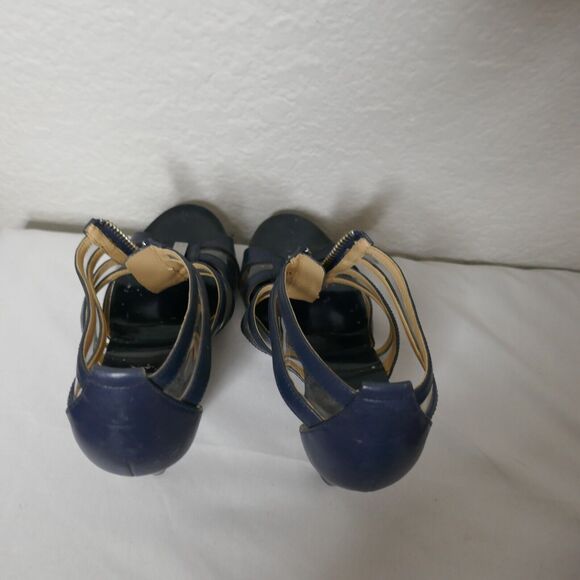 Michael Kors Navy Blue T Strap Sandal Heel Strappy Leather PVC 7M - Picture 3 of 12